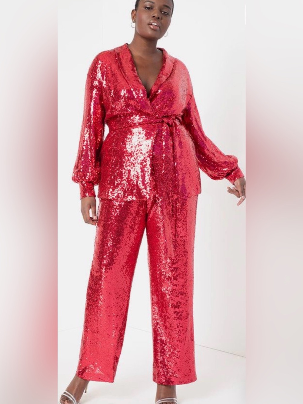 ELOQUII Sequin Belted Jacket paired with the matching Sequin Wide-Leg Pants